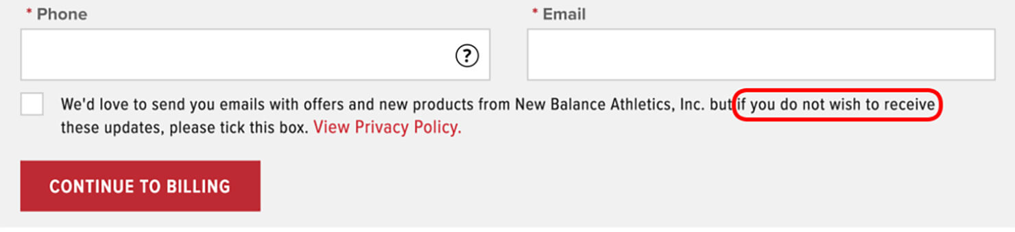 入力画面のスクリーンショット。メールアドレス入力欄の下に置かれたチェックボックスには、「We’d love to send you emails with offers and products from New Balance Athletics, Inc. but if you do not receive these updates, please tick this box」の説明がある。