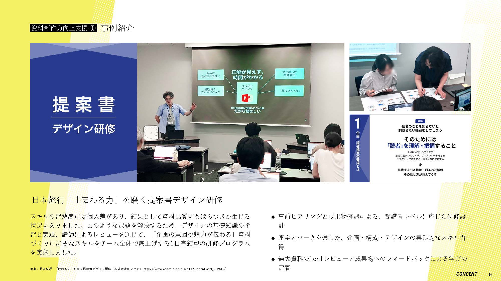 「資料制作力向上支援①事例紹介」ページのスライド。事例として、「日本旅行　『伝わる力』を磨く提案書デザイン研修」プロジェクトを紹介している。
