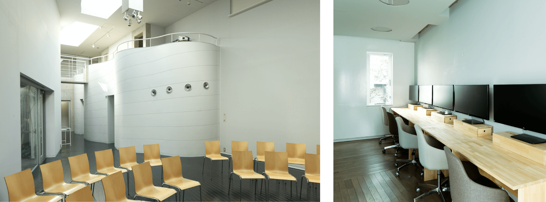 amuの風景写真。2枚の写真で構成されており、左がホールのようなコミュニケーションスペースの写真、右がサテライトオフィスとして使用されている執務室の写真