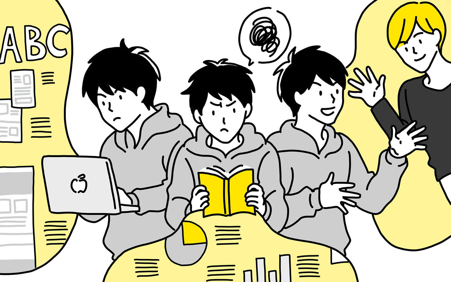 イラスト:1人の男性デザイナーがデザインもしつつ、本を読んで知識や技術を深めたり、人と会話してインプットしたりして、考えて探求している様子。