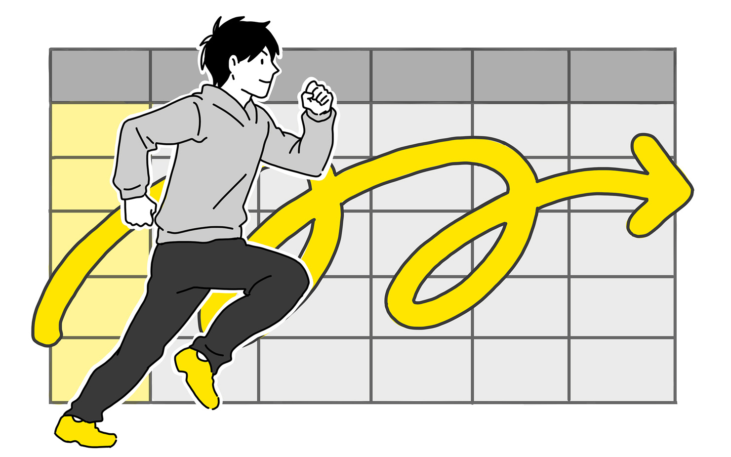 イラスト:1人の男性デザイナーが前方を見据えて軽やかに走っている姿を通して、プロジェクトを通して伸びやかに成長していくイメージを伝えている