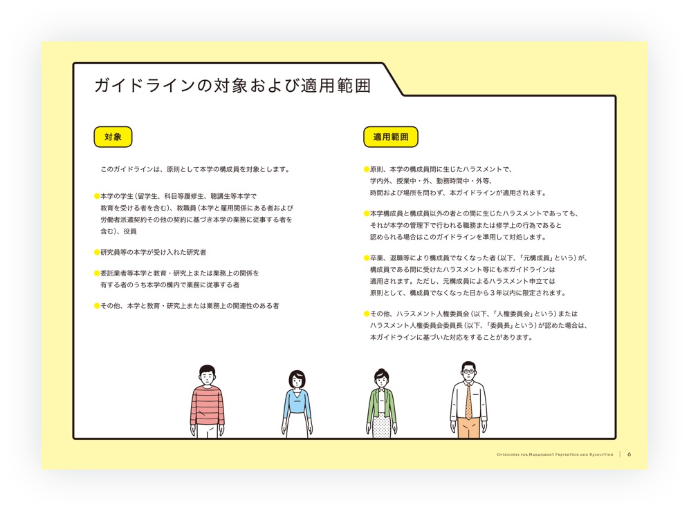 画像：8枚中3枚目。制作したPDF文書。見出し「ガイドラインの対象および適用範囲」から始まる6ページ目。本ガイドラインの対象者と適用範囲について説明されている。