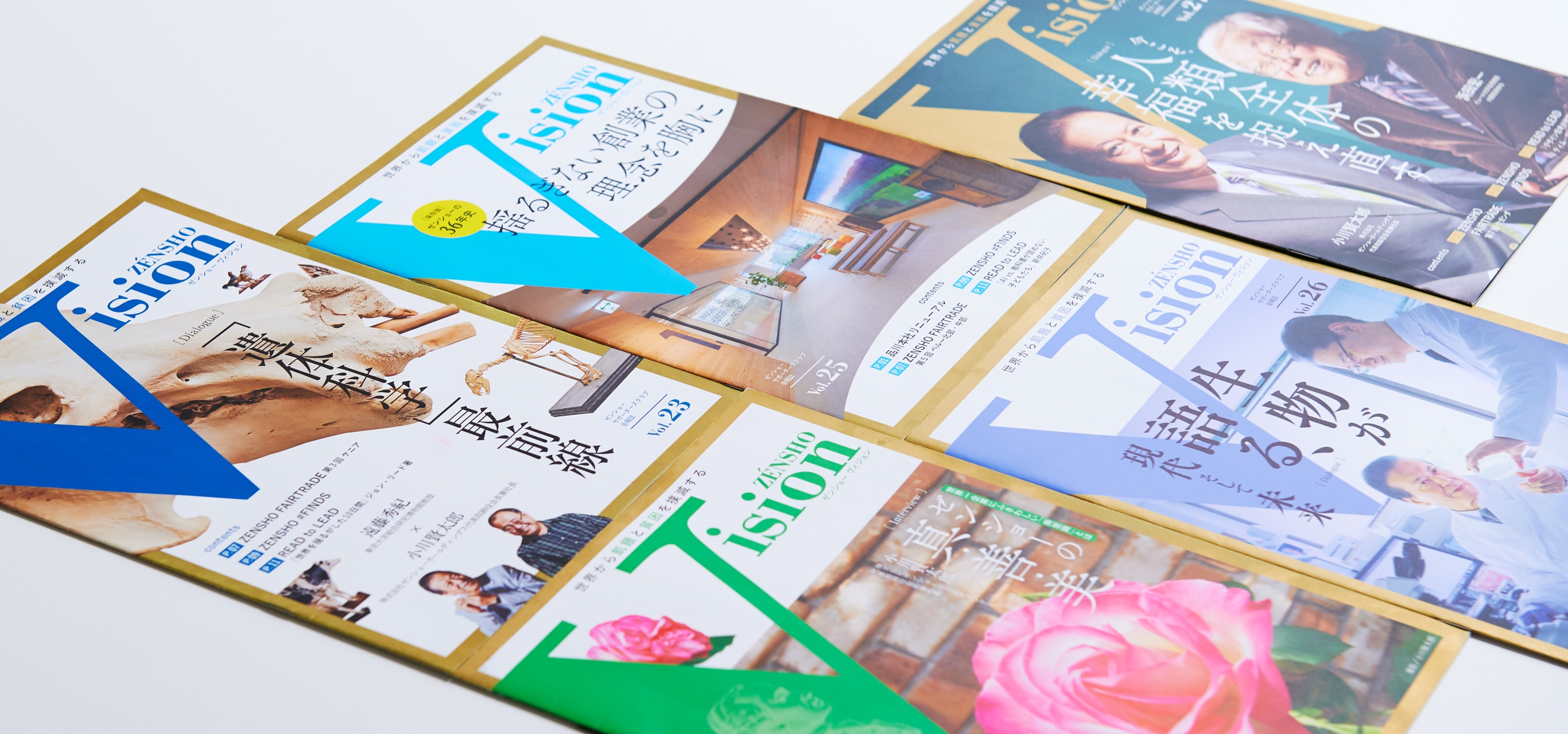 メイン写真:表紙は冊子の顔。ZENSHO Visionのロゴを大胆に使い、ビジュアルに工夫を凝らした5冊の表紙が並んでいる。