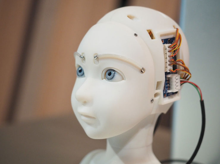 写真:展示作品。遠くを見つめる人型ロボット