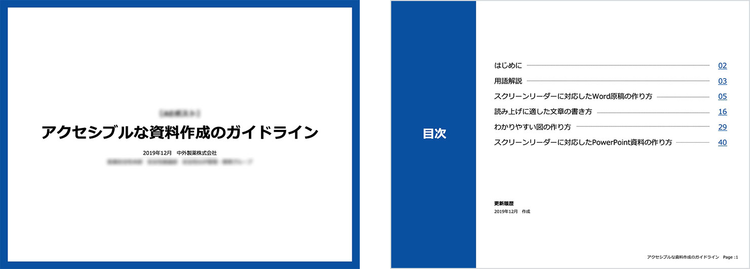 スライド：納品した資料作成ガイドラインの表紙と目次。タイトルは「アクセシブルな資料作成のガイドライン」。目次の項目は6つ。はじめに、用語解説、スクリーンリーダーに対応したWord原稿の作り方、読み上げに適した文章の書き方、わかりやすい図の作り方、スクリーンリーダーに対応したPowerPoint資料の作り方。