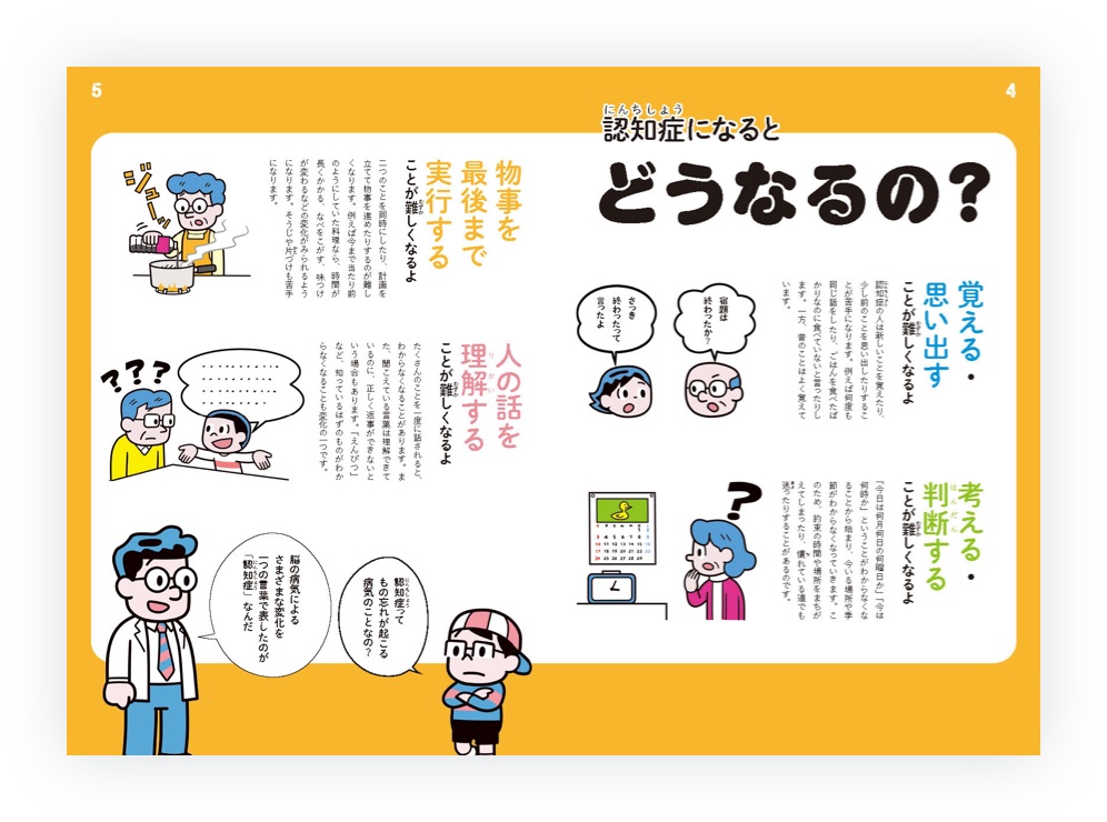 画像（5枚中1枚目）:冊子4,5ページの見開き。「認知症になるとどうなるの？」という見出しと、認知症当事者にとって困難なことがテキストとイラストで紹介されている。