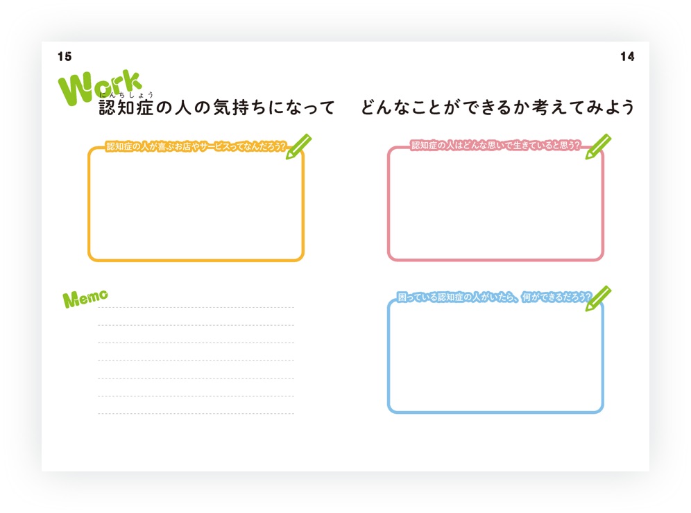 画像（5枚中5枚目）:冊子14,15ページの見開き。「認知症の人の気持ちになって、どんなことができるか考えてみよう」という見出しと、各々が答えを書き込むスペースがある。