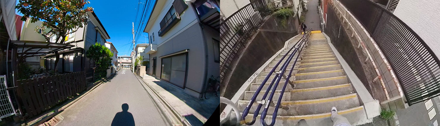 画像左:認知症の症状を再現したVR映像のスクリーンショット。住宅街の路地を歩いているようす。右:認知症の症状を再現したVR映像のスクリーンショット。路地にある急な段差の階段を降りるようす。