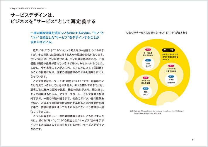 普及啓発コンテンツの画像（P.6）：見出し「サービスデザインはビジネスを“サービス”として再定義する」。小見出し「一連の顧客体験を望ましいものにするために、“モノ”と“コト”を結合した“サービス”をデザインすることが求められている」に続いて本文が掲載されている。また、ひとつのサービスに様々なモノとコトが含まれる様子を表したグラフィックも併記されている。