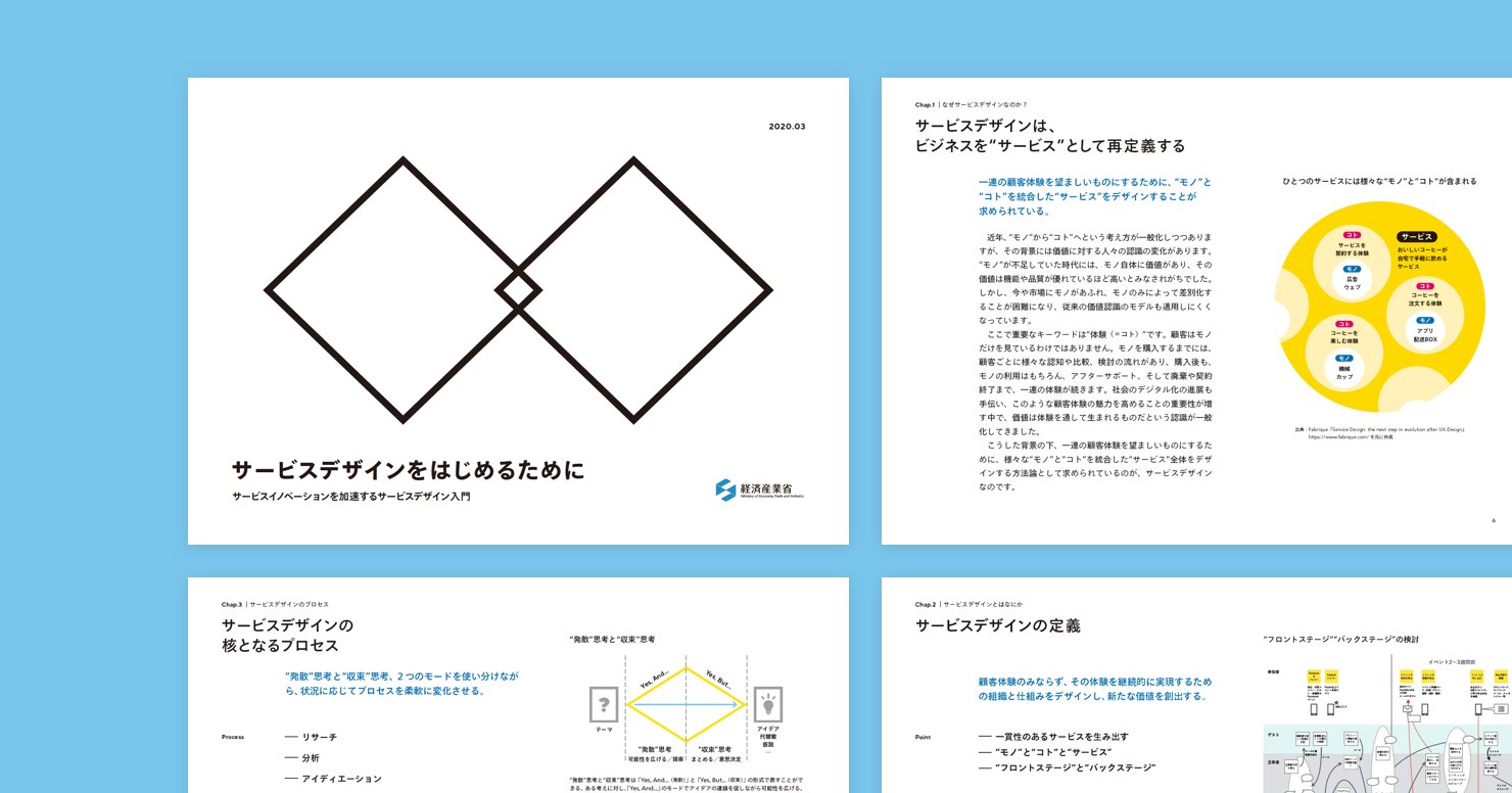 提言をまとめた資料：タイトルは「サービスデザインをはじめるために／サービスイノベーションを加速するサービスデザイン 入門」。資料中のページが4枚抜粋されている。 