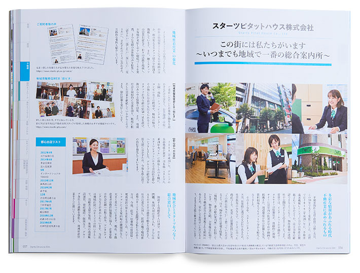 写真1：制作した記念誌の56-57ページ。グループ会社のスターツピタットハウス株式会社を紹介している。