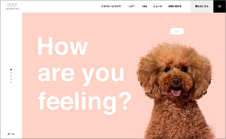 ウェブサイトのキャプチャ。トイプードルの写真と共に「How are you feeling？」というメッセージが書かれている