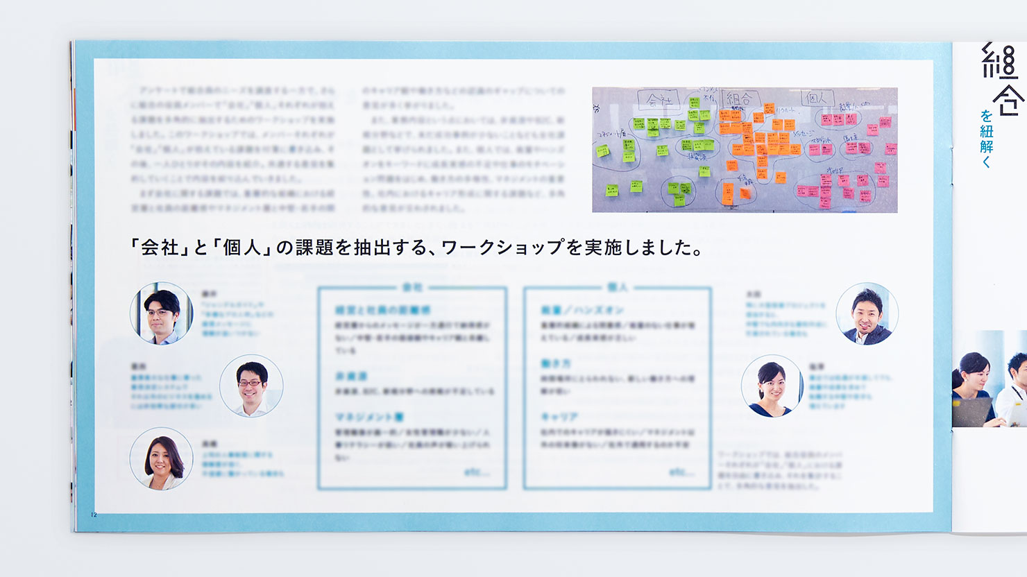 広報誌の写真：「《会社》と《個人》の課題を抽出する、ワークショップを実施しました」という見出しと、労働組合役員が書き込んだポストイットがたくさん貼られているホワイトボードを掲載している。また、ポストイットに貼られた会社と個人それぞれの課題を抽出し、一覧化している。