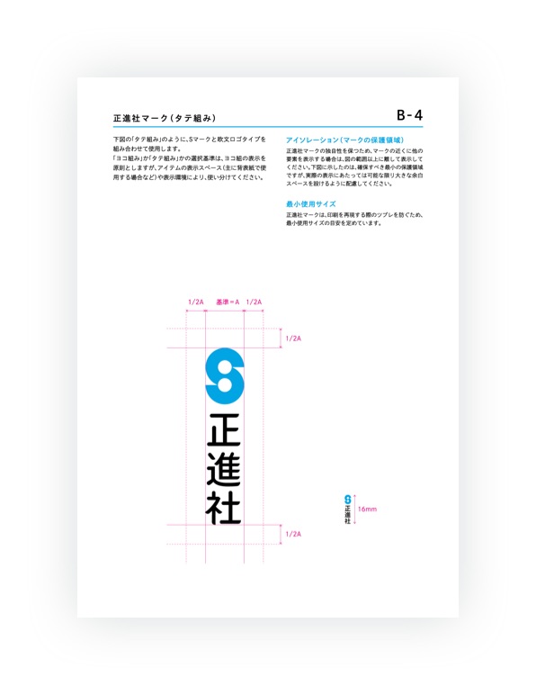 画像（5枚中4枚目）制作したロゴマニュアルの内１ページ。タテ組みロゴの使用ルールが書かれている