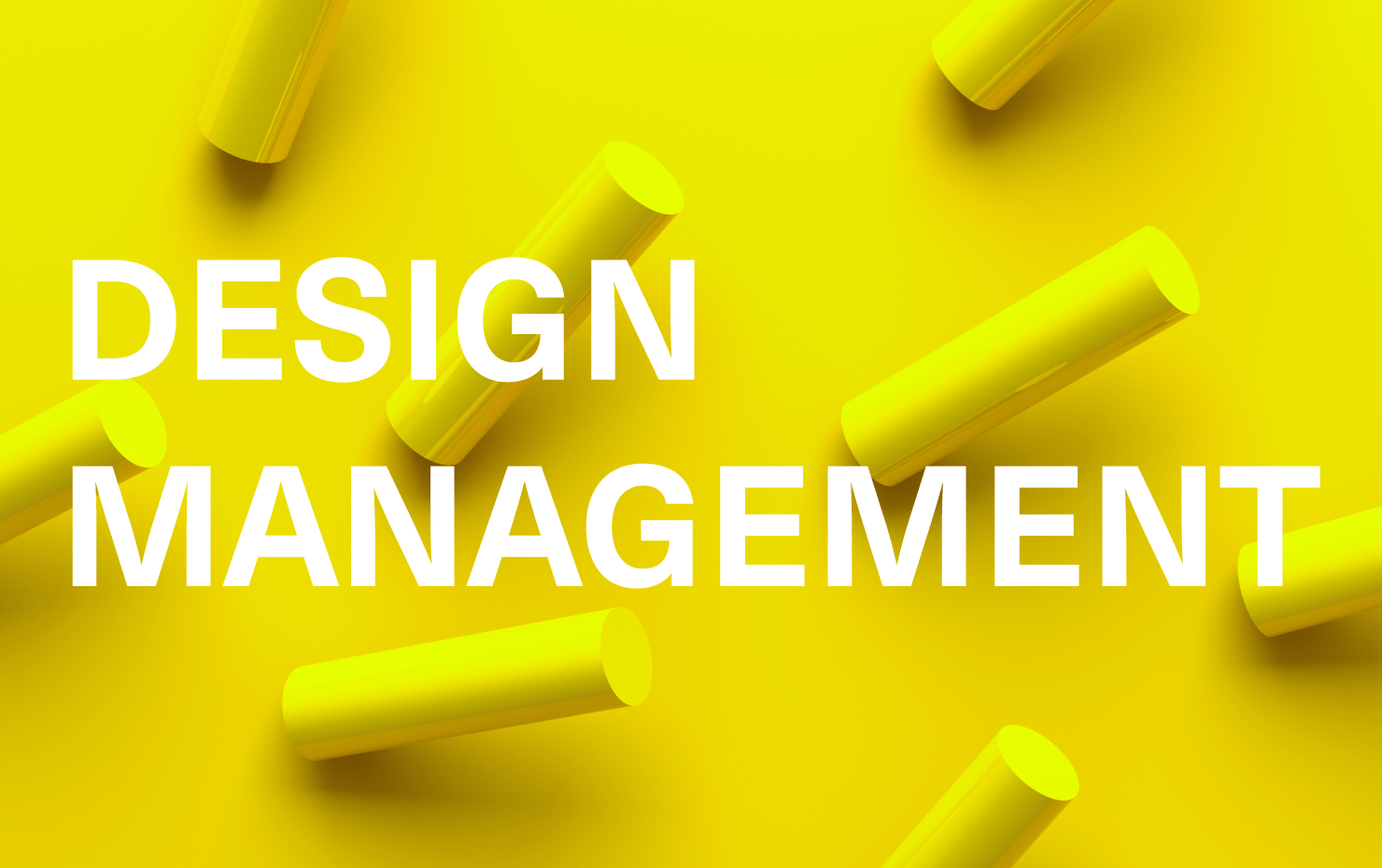 中央に「DESIGN MANAGEMENT」のタイトルがある。黄色を基調とした背景には、円柱が不規則に並ぶ3Dグラフィックス。