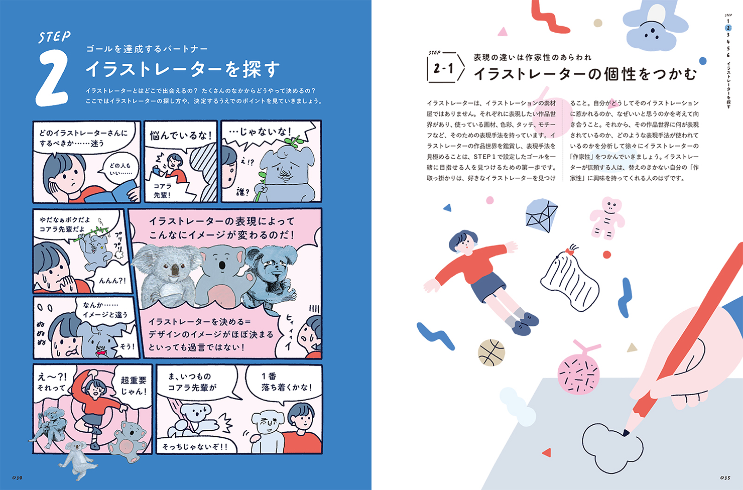 『たのしく、イラストディレクション!』の書籍内ページ画像(STEP2「イラストレーターを探す」)