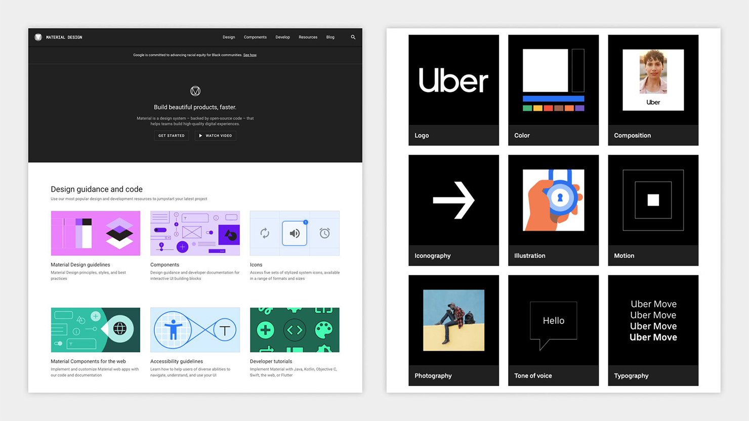 Material Design を公開しているウェブサイトのキャプチャと Uber Brand Guide