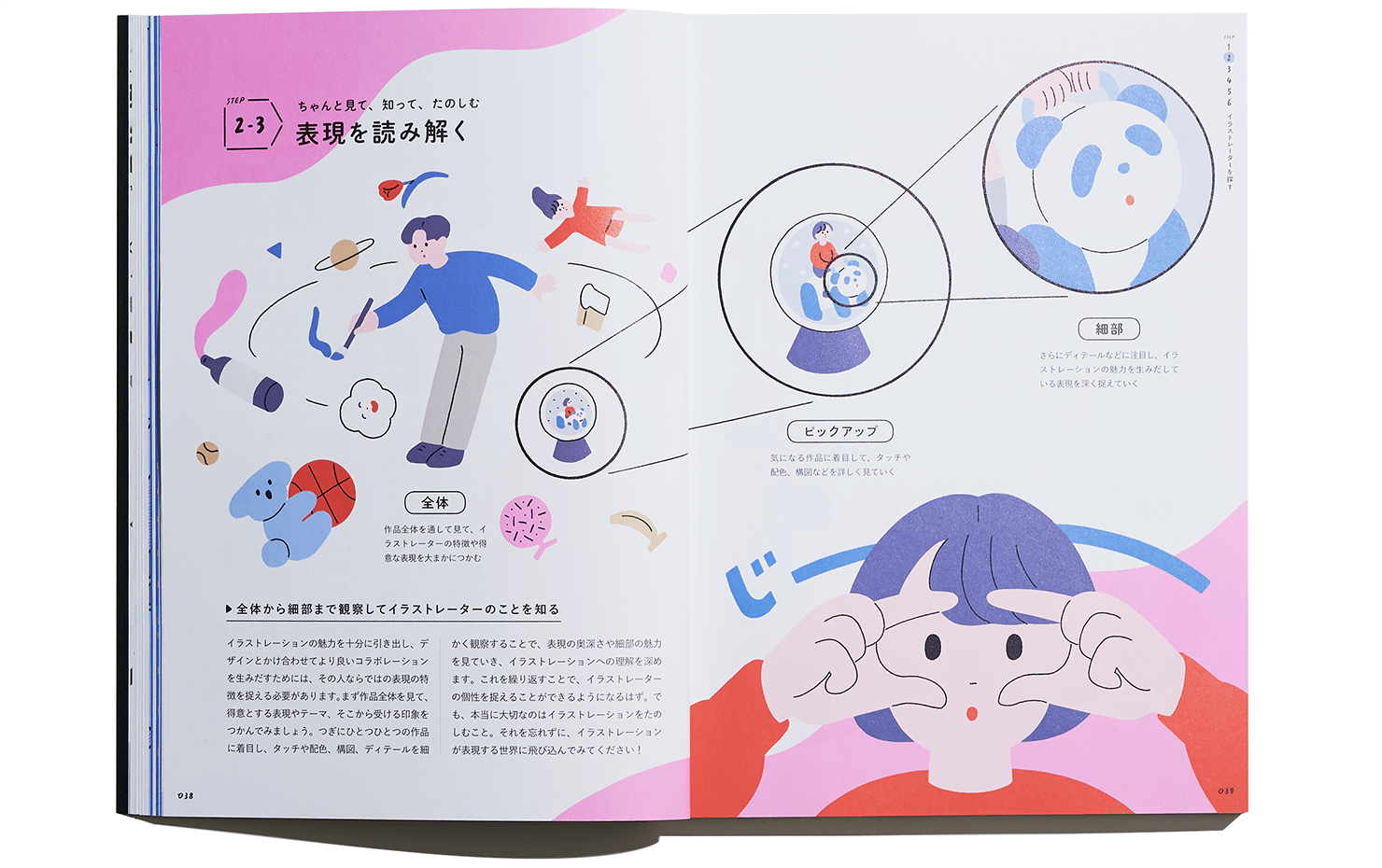 書籍『たのしく、イラストディレクション！』P.38〜39の写真。ページ見出しは「STEP2-3　表現を読み解く」。イラストレーションを「全体」「ピックアップ」「細部」でじーっと観察する様子を表現したイラストと本文が載っている。