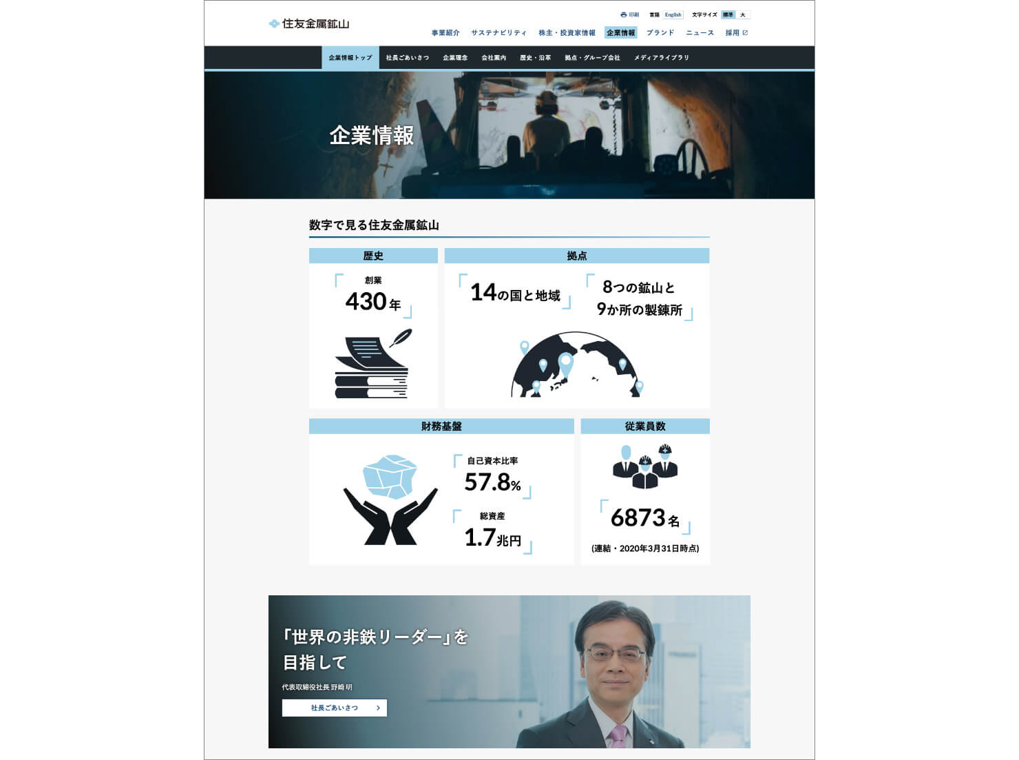 「企業情報：数字で見る住友金属鉱山」ページ