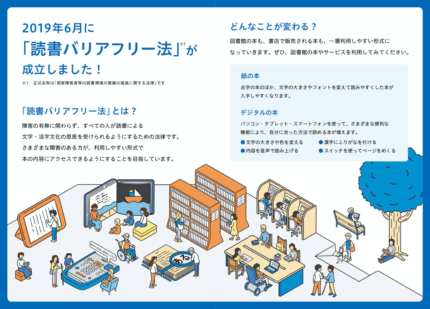 リーフレットの中面。読書バリアフリー法の概要について説明している