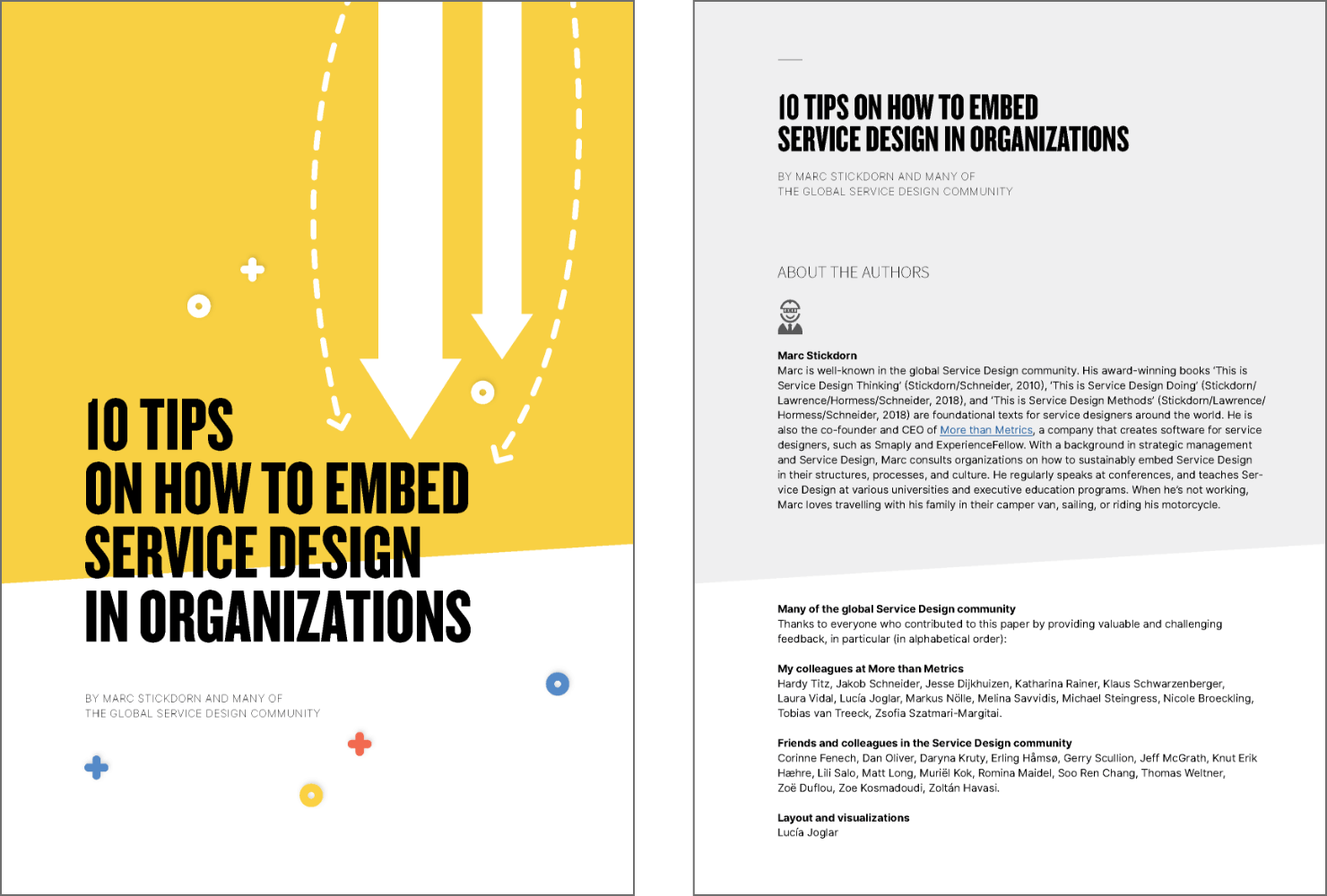 Marc Stickdorn氏のホワイトペーパー「10 TIPS ON HOW TO EMBED SERVICE DESIGN IN ORGANIZATIONS」の表紙と著者紹介ページの画像。