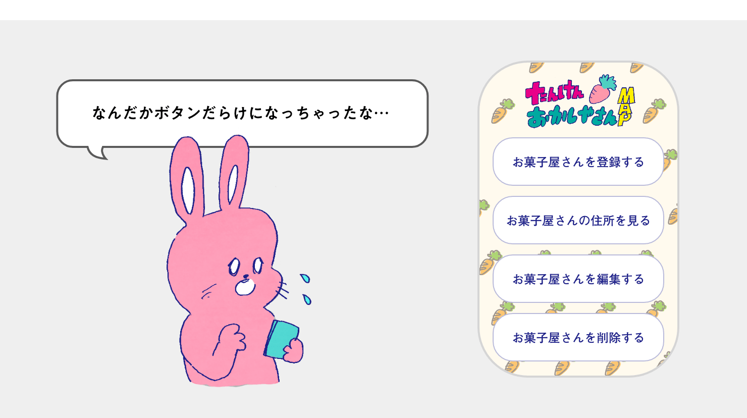 イラストとアプリ画面：最初は「お菓子屋さんを登録する」「お菓子屋さんの住所を見る」ボタンだけだったトップ画面ですが、「お菓子屋さんを編集する」「お菓子屋さんを削除する」ボタンを追加したことで前よりも複雑な見た目の画面になってしまいました。直したアプリを見て違和感に気がつくウサギさん。「なんだがボタンだらけになっちゃったな…。」