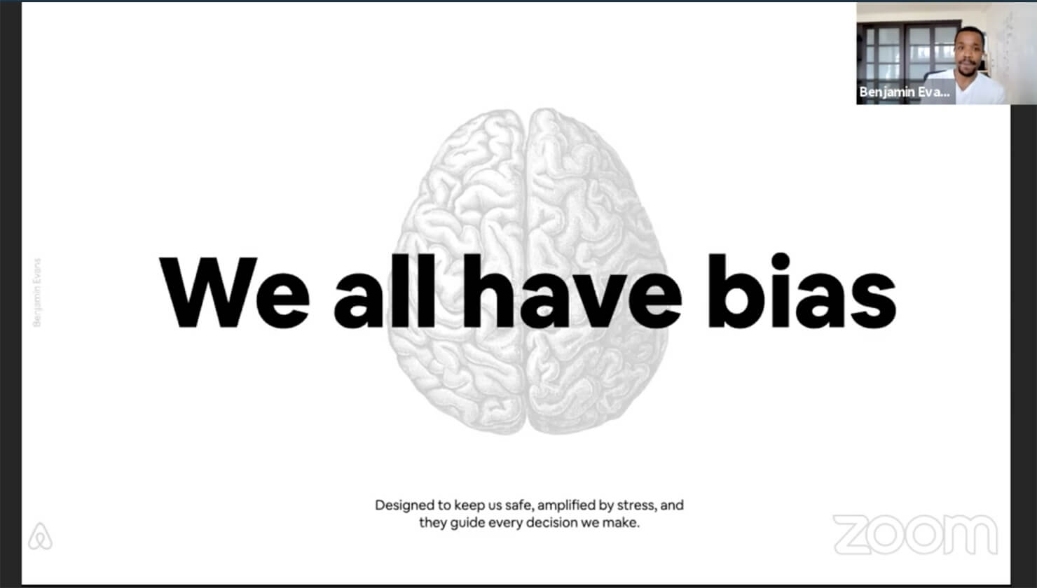 zoom講演のスライドスクショ。画面中央にWe all have biasの文字と脳みそのイラスト。