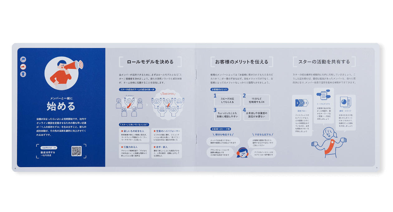 9枚中3枚目。“bellFaceユーザーガイド「bellGuide」活用責任者向け冊子の見開き。見出し「メンバーと一緒に始める」。イラストを多く交えながら、「ロールモデルを決める」「お客様のメリットを伝える」「スターの活動を共有する」という内容を説明している。