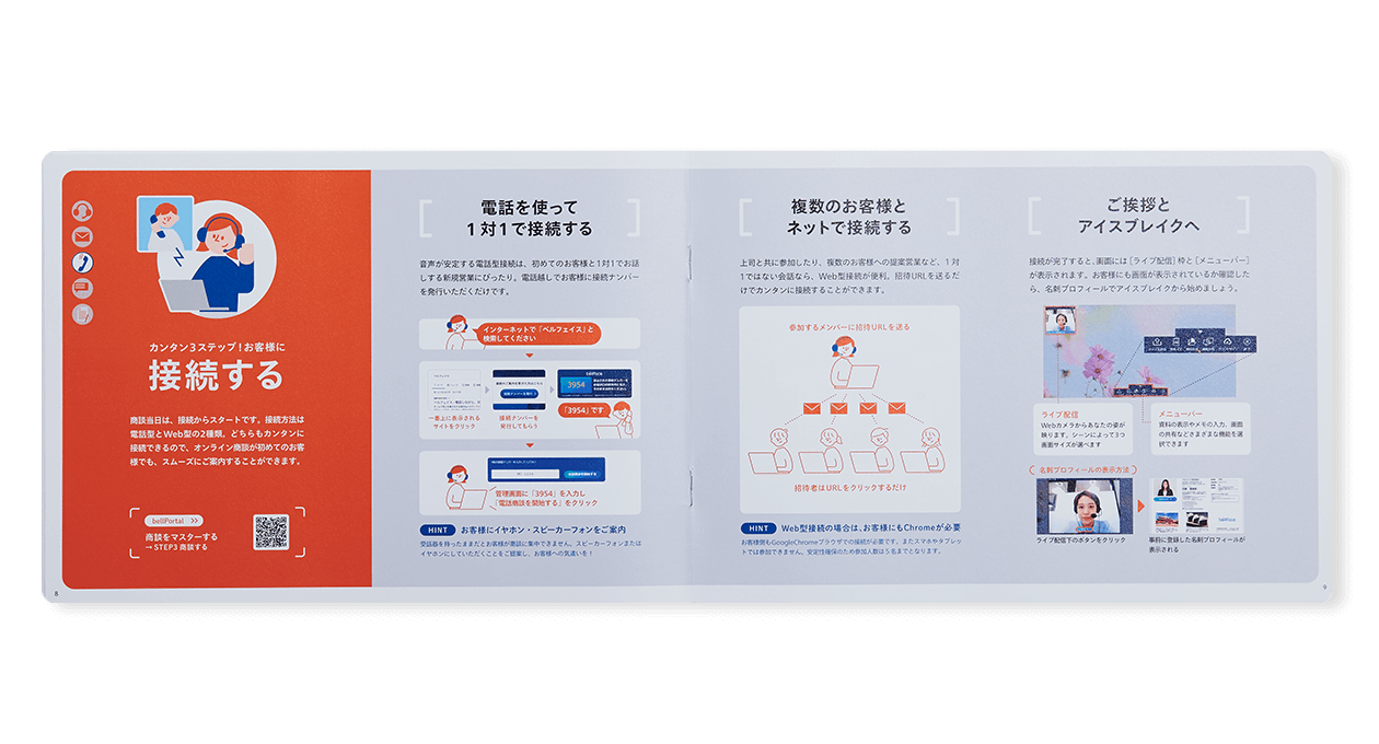 9枚中7枚目。“bellFaceユーザーガイド「bellGuide」ユーザー向け冊子の見開き。見出し「接続する」。イラストを多く交えながら、「電話を使って１対１で接続する」「複数のお客様とネットで接続する」「ご挨拶とアイスブレイクへ」という内容を説明している。