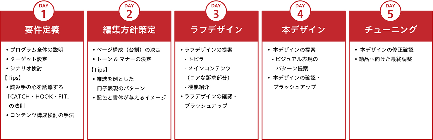 プログラムの流れ。DAY1で要件定義、DAY2で編集方針策定、DAY3でラフデザイン、DAY4で本デザイン、DAY5でチューニングを実施。