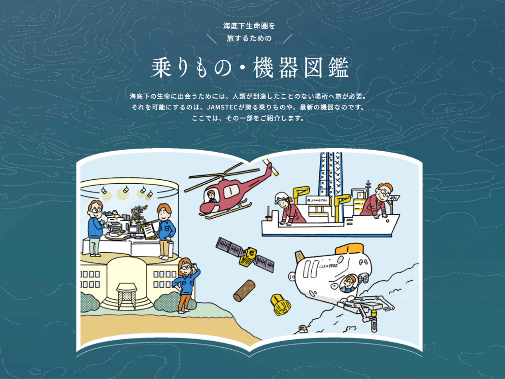 5枚中2枚目：トップページのキャプチャ。コンテンツの見出し「乗りもの・機器図鑑」。関連する乗りもの、機器のイラストが記載されている。