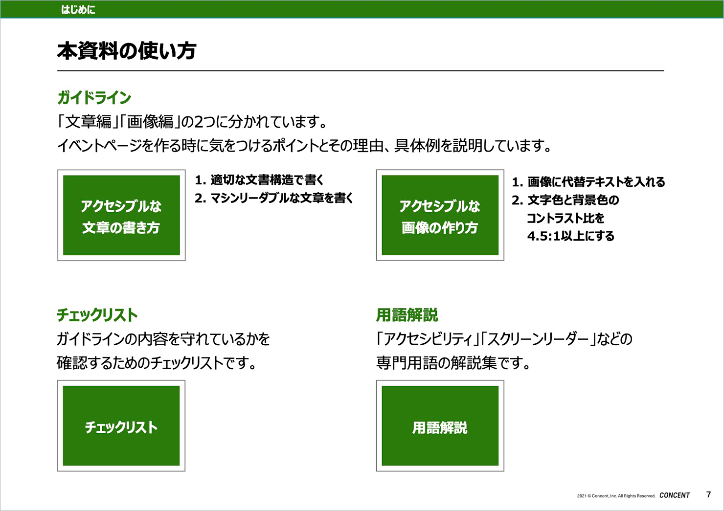 スライド：納品したウェブコンテンツ作成ガイドラインの「本資料の使い方」のページ。