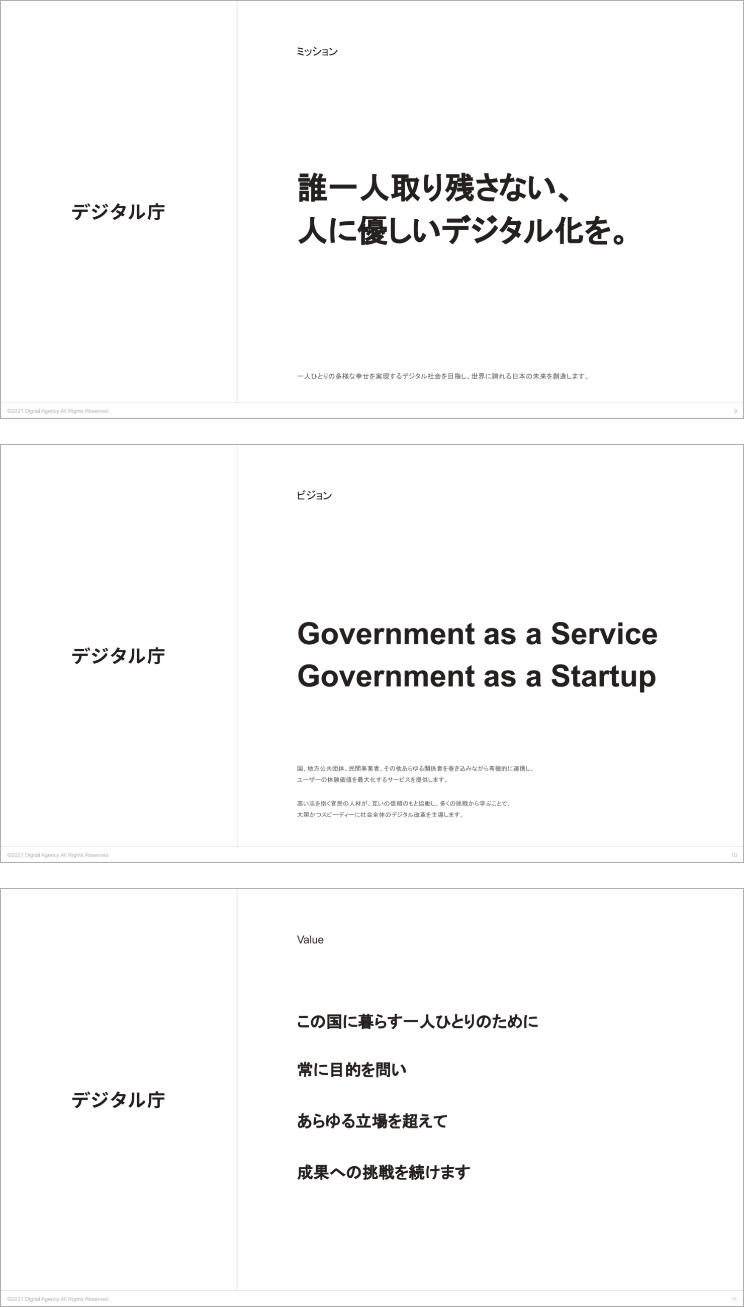 画像1枚目：講演資料。デジタル庁のミッション「誰一人取り残さない、人に優しいデジタル化を。」が書かれている 画像2枚目：講演資料。デジタル庁のビジョン「Government as a Service」「Government as a Startup 」が書かれている 画像3枚目：講演資料：デジタル庁のバリュー「この国に暮らす一人ひとりのために 常に目的を問い あらゆる立場を超えて 成果への挑戦を続けます」が書かれている