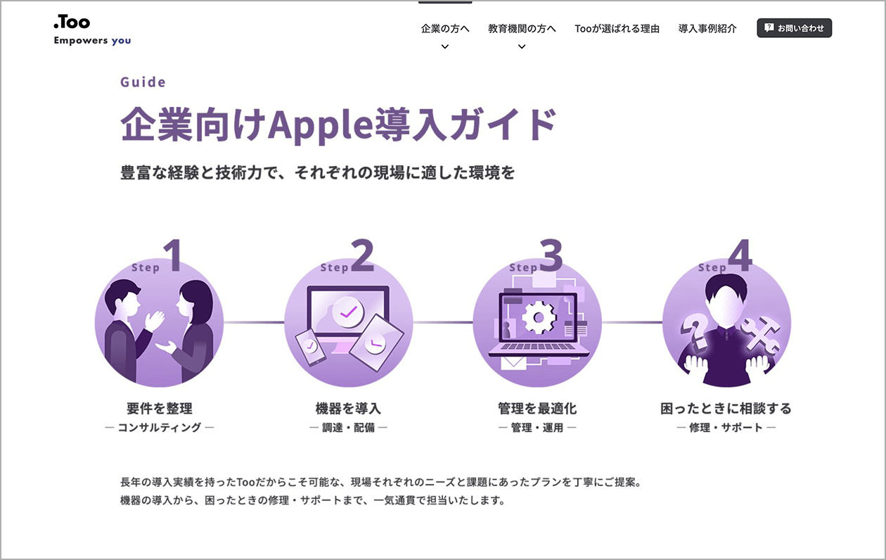 9枚中4枚目。一般企業向け導入ガイドページのキャプチャ。一般企業がTooでApple製品を導入する手順が一目でわかる図と、リードコピー「豊富な経験と技術力で、それぞれの現場に適した環境を」が記載されている。