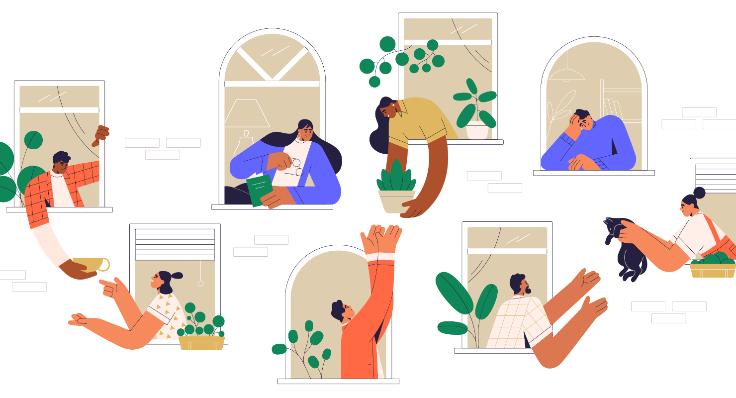 イラスト:近隣に住む多種多様な人々が助け合いながら暮らしている様子。