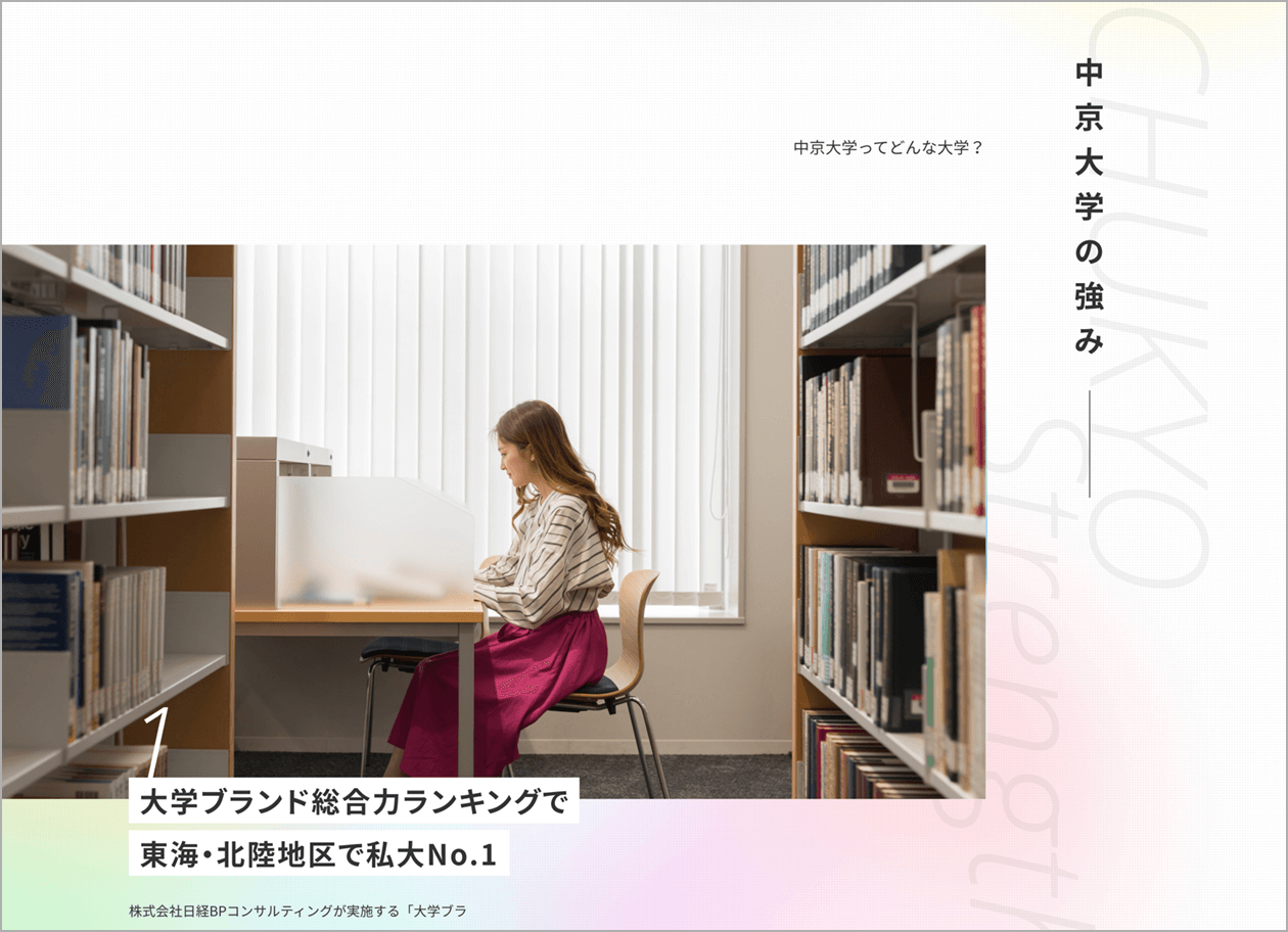 6枚中2枚目。ページ中「中京大学の強み」部分のキャプチャ。強みを説明するための、学内風景の画像とキャッチコピーが並んでいる。