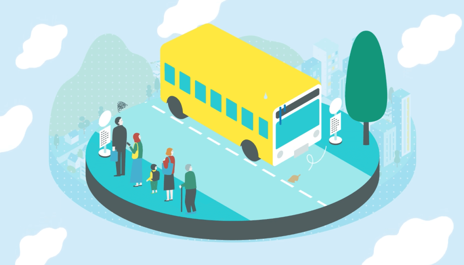 動画キャプチャ。たくさん人が並ぶバス停にバスが来ず、皆ががっかりしている様子がイラストで表現されている。