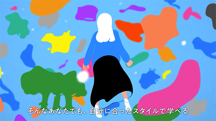 TVCMのキャプチャ:8枚中5枚目。働いているときやスマホを見ている時を思い出している女性のイラスト。テロップ「目の前のことに追われて、一歩踏み出せない」