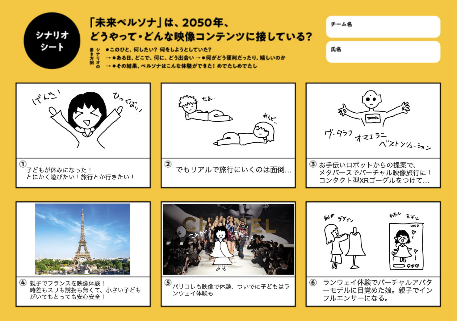 画像:ワークショップ内で活用したシナリオシート。未来の映像体験をテーマに、六コマ漫画のような構成でストーリーを考える。