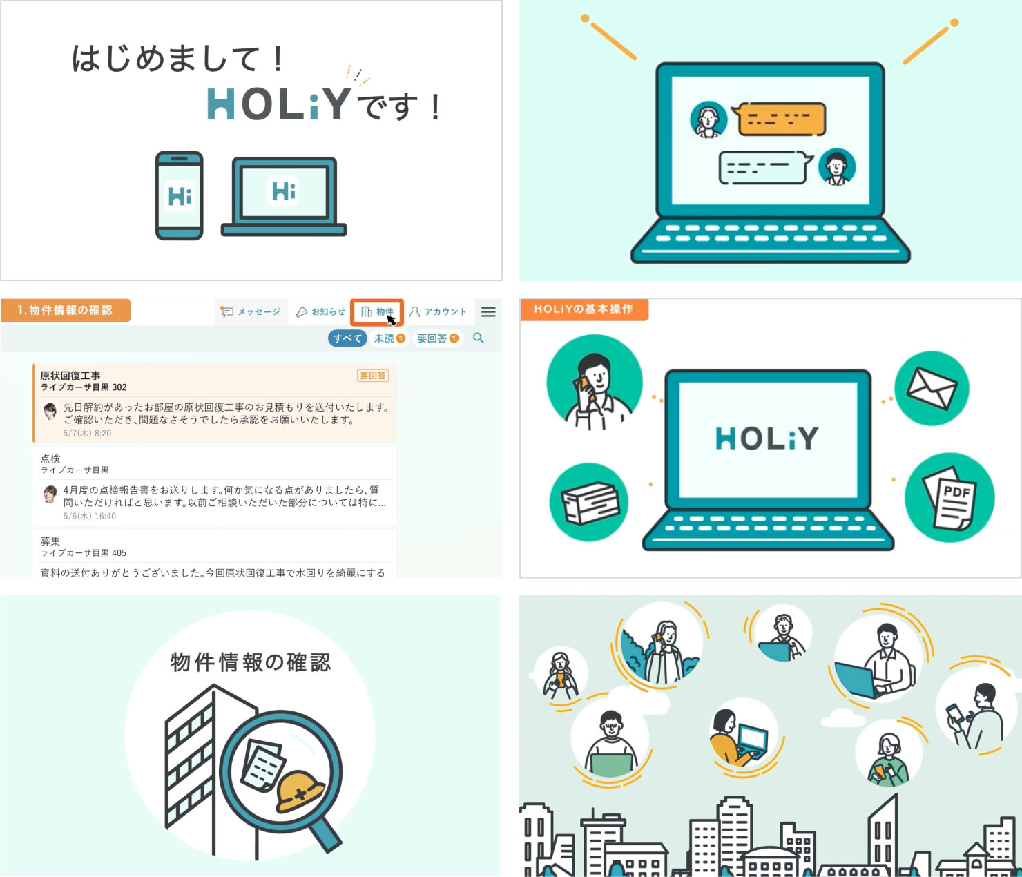 画像：作成したサービス紹介動画のキャプチャ。シンプルな線で描かれたイラストレーションが特徴的。ユーザーがHOLiYを使うシーンが描かれている。画像1点目：「はじめまして！HOliYです！」という言葉と、PCとスマホのイラスト。画像2点目：PC画面でユーザー同士がチャットをしている様子を表すイラスト。画像3点目：画面操作の仕方を説明している様子。画像4点目：HOLiYが多機能であることを伝えるイラスト。PCの周りに、書類やユーザーのイラストが描かれている。画像5点目：物件情報の確認の機能を伝えるイラスト。画像6点目：HOLiYが様々な人に活用されていることを表すイラスト。