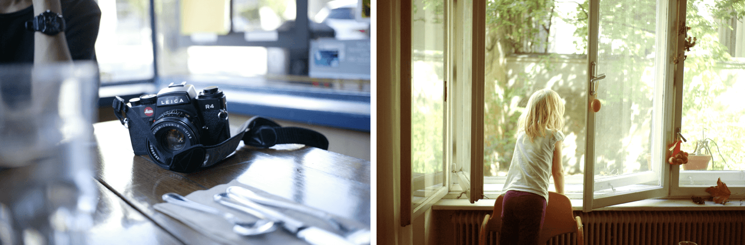写真：田村昌裕氏の作品2点。（左）カメラを撮影したカット（右）窓の外を眺める少女のカット