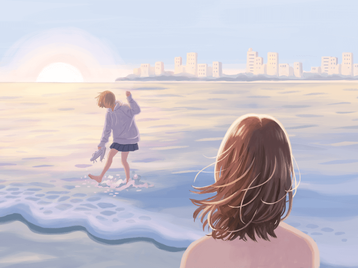 2022年度のメインビジュアルにも使われている、アニメーションの一コマ。2人の女性が光の差す海辺にいるシーン。
