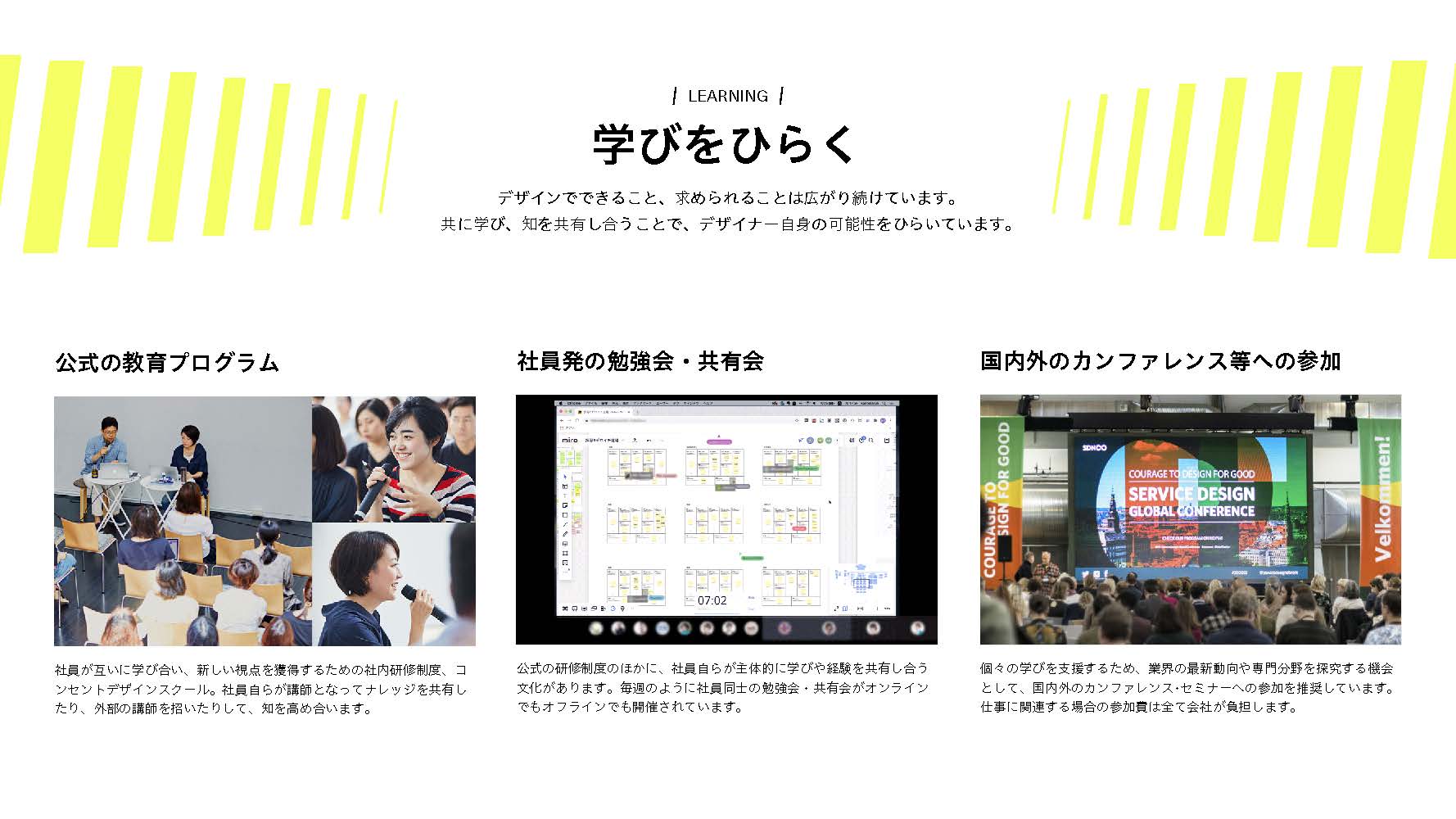 採用ピッチ資料の一部。公式の教育プログラム、社員発の勉強会・共有会、国内外のカンファレンス等への参加など「学びをひらく」活動を紹介するページ。