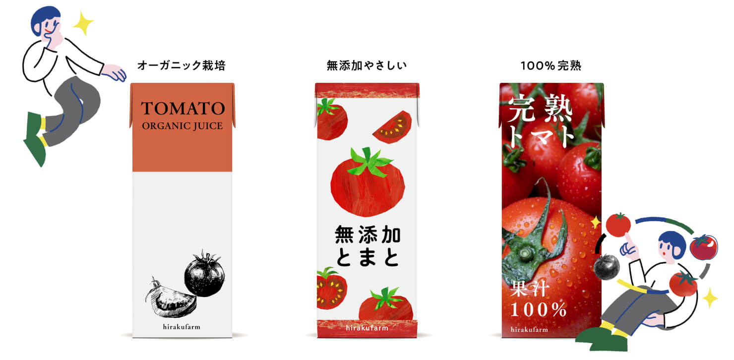 イメージ：トマトジュースのパッケージ3種。オーガニック栽培、無添加、100%完熟といったそれぞれの訴求ポイントによってデザインが異なる