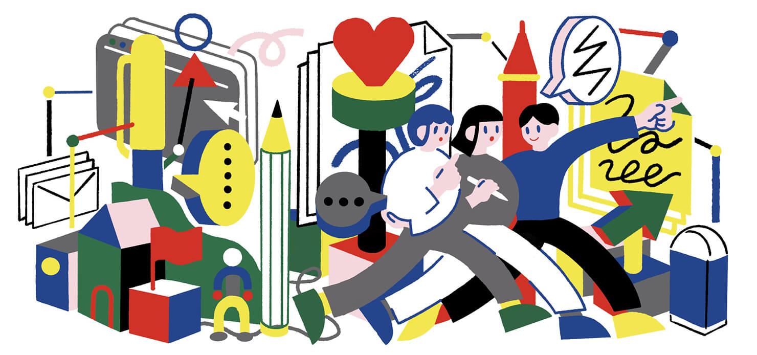 イメージ:イラストレーター、デザイナークライアントがイラスト完成のゴールに向かって歩いている様子