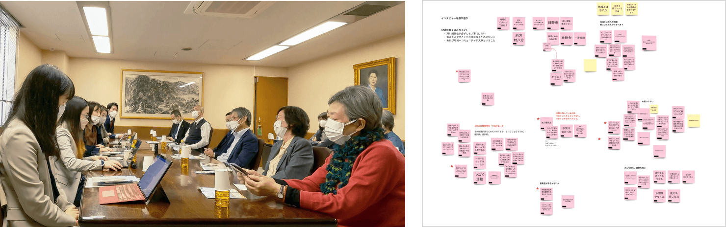 画像：（右）実際にインタビューをしている様子。（左）インタビュー内容をまとめたメモ。