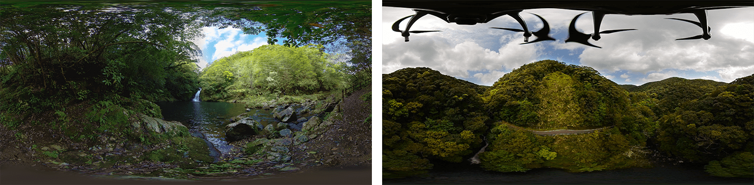 遠景、上空からの2視点のマテリアの滝VR映像イメージ