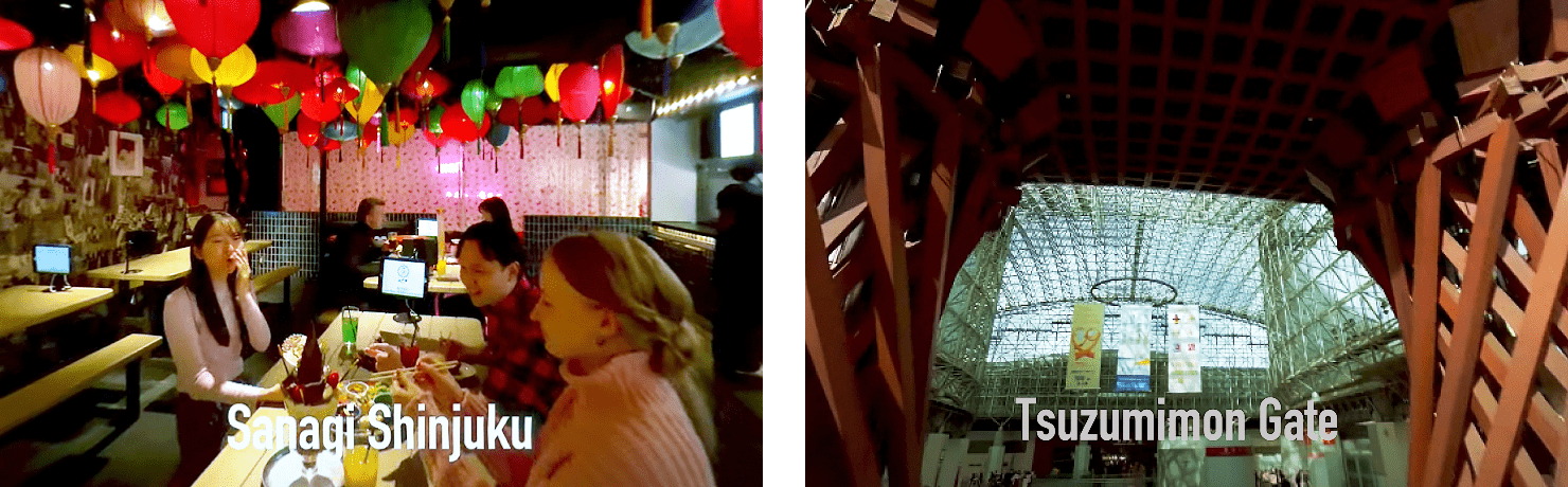 画像2点：左：居酒屋で飲食している人々。右：金沢駅にある鼓門という大きな門。