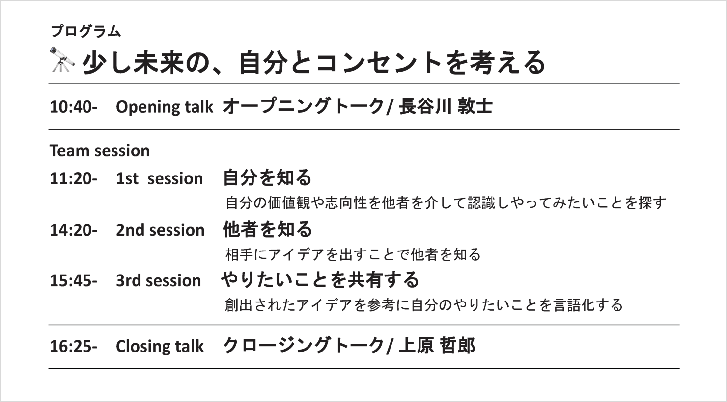 写真：2022年コンセントカンファレンスのプログラム。1stsession 自分を知る、 2ndsession 他者を知る、3rdsession やりたいことを共有する。という内容のワークショップで構成されている。