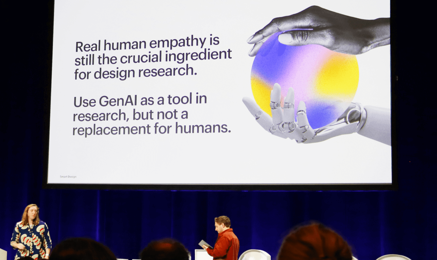 画像：Cameron Hanson 氏のトーク中のスライド “Real human empathy is still the crucial ingredient for design research. Use GenAI as a tool in research, but not a replacement for humans.”